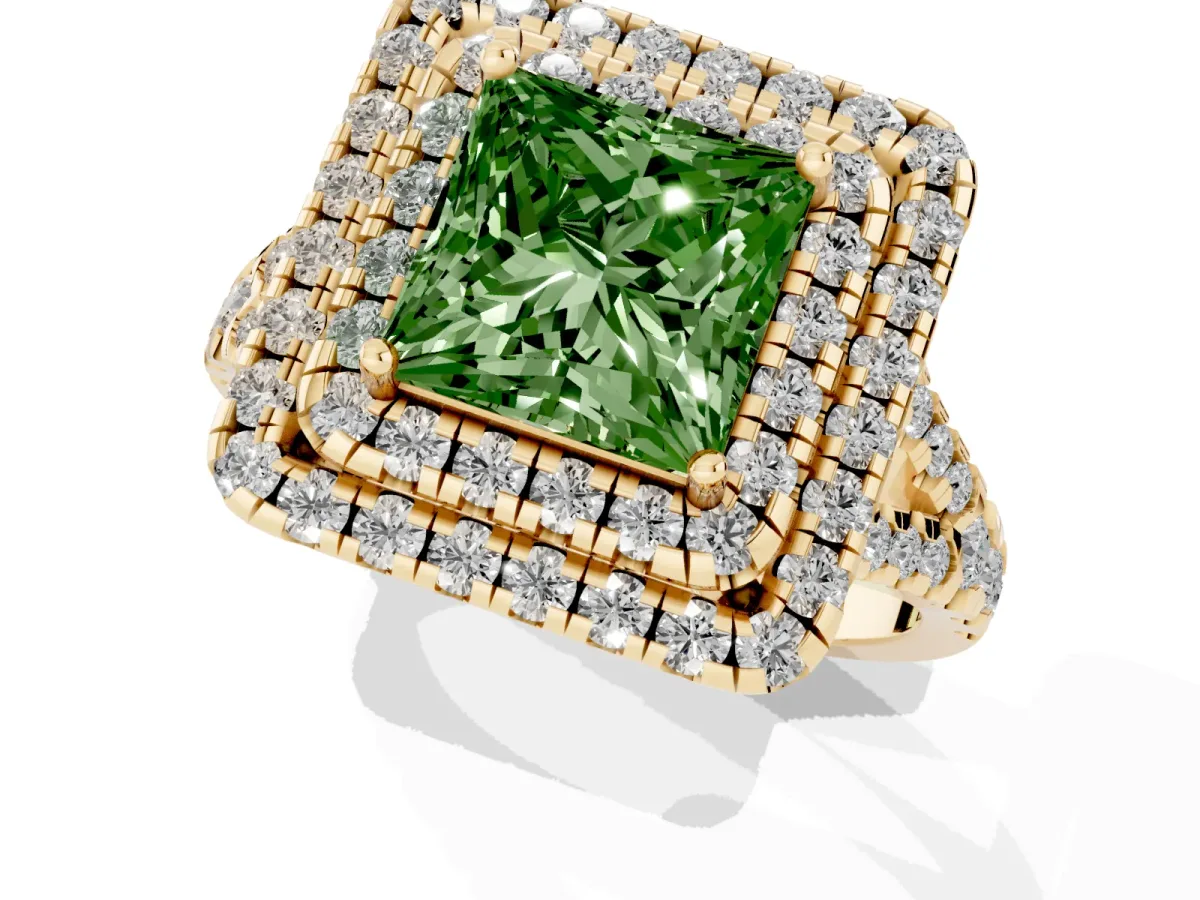 Fancy Green Double Halo Princess Cut Diamond Pavé Split Shank Ring with Prong Setting Yellow gold