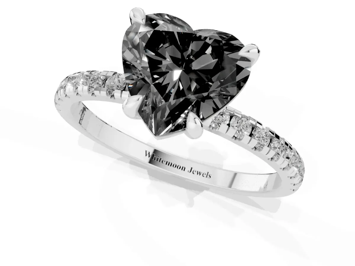 Fancy Black Heart Cut Diamond Brilliant Solitaire Ring with Pavé Band and Four-Prong Setting Silver