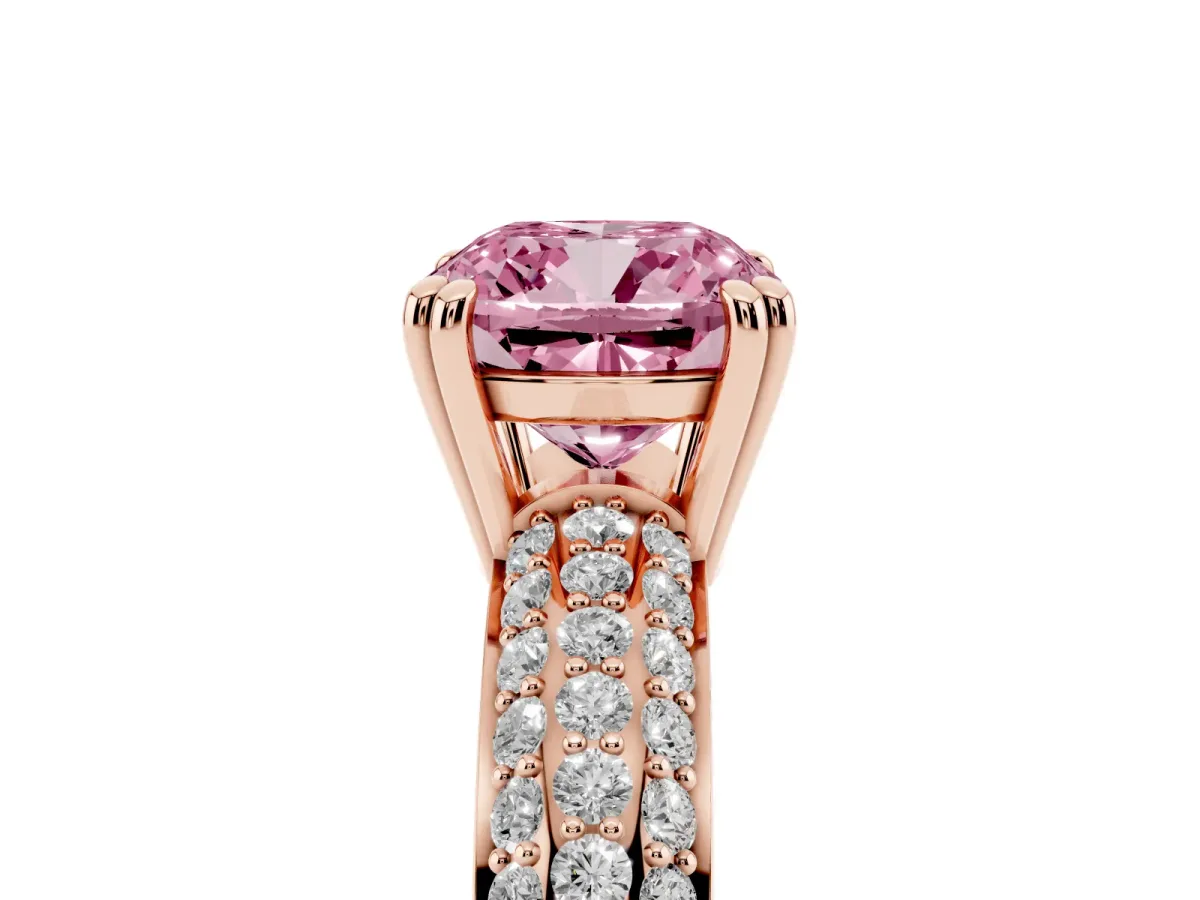 Fancy Pink Cushion Cut Diamond Solitaire Ring with Multi-Row Round Pavé Band and Prong Setting Rose gold