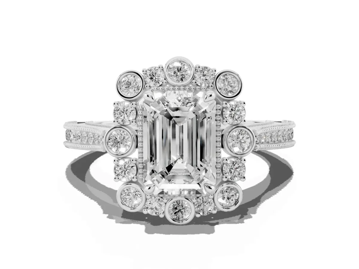 Emerald Cut Halo Milgrain Pave Diamond Ring with Four-Prong Setting Platinum