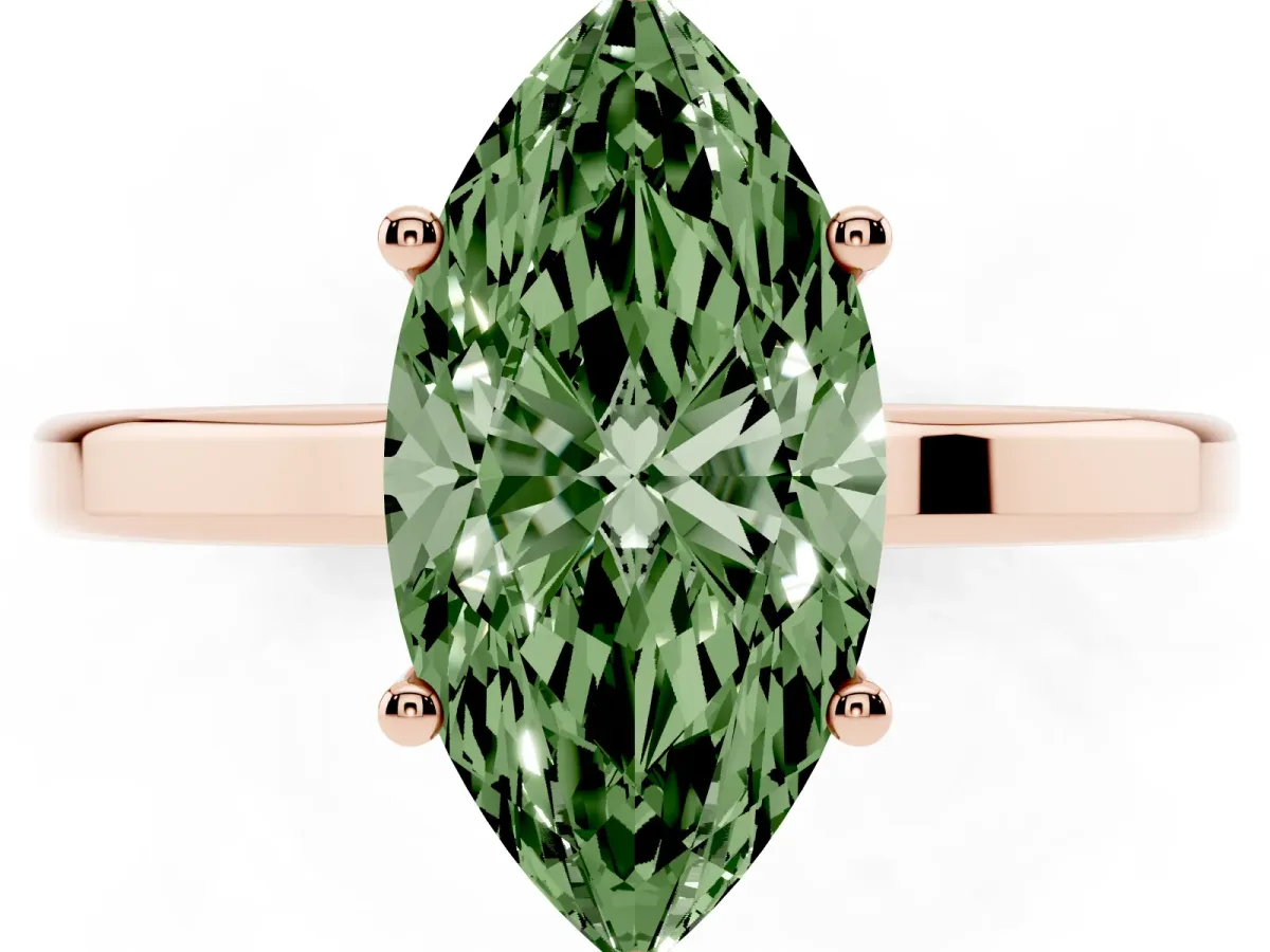 Fancy Green Marquise Cut Cut Solitaire Engagement Ring with Four-Prong Setting on a Classic Band Rose gold