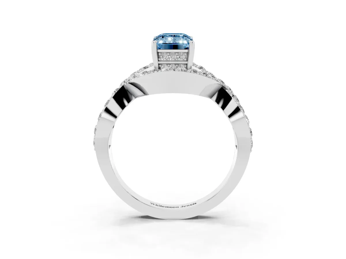 Fancy Blue Emerald Cut Solitaire Twist Band Pavé Diamond Engagement Ring Silver