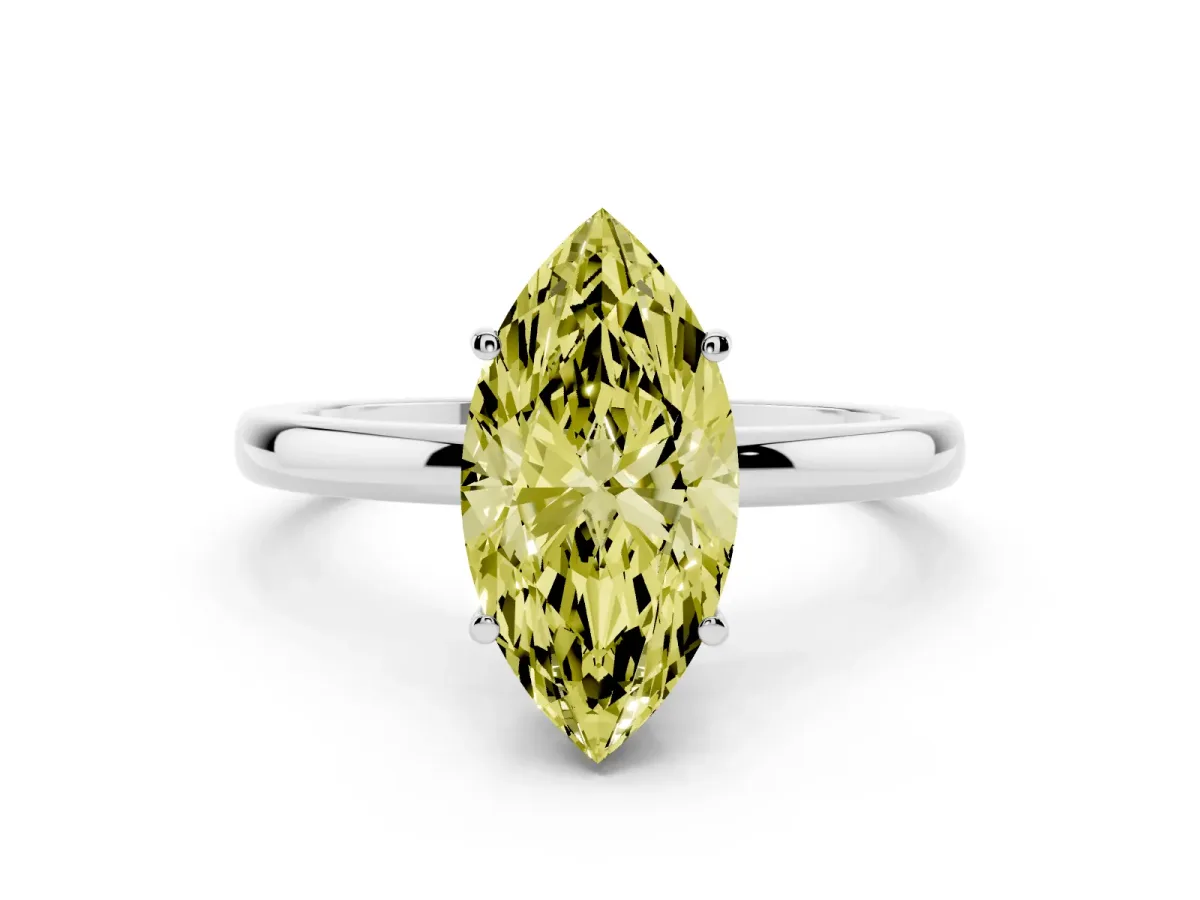 Fancy Yellow Marquise Cut Solitaire Diamond Ring with Prong Setting and Plain Band Silver