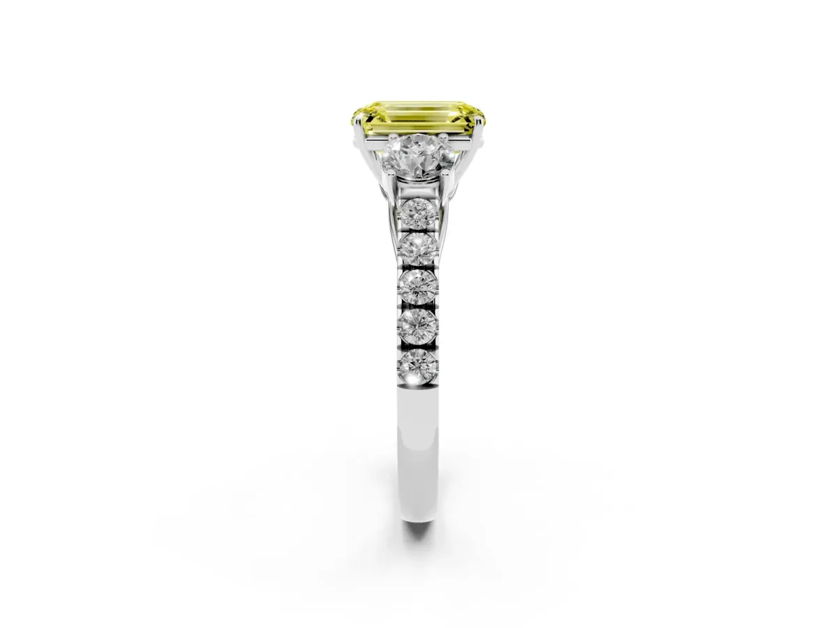 Fancy Yellow Emerald Cut Cut Diamond Three-Stone Ring with Round Side Stones and Pavé Band Silver