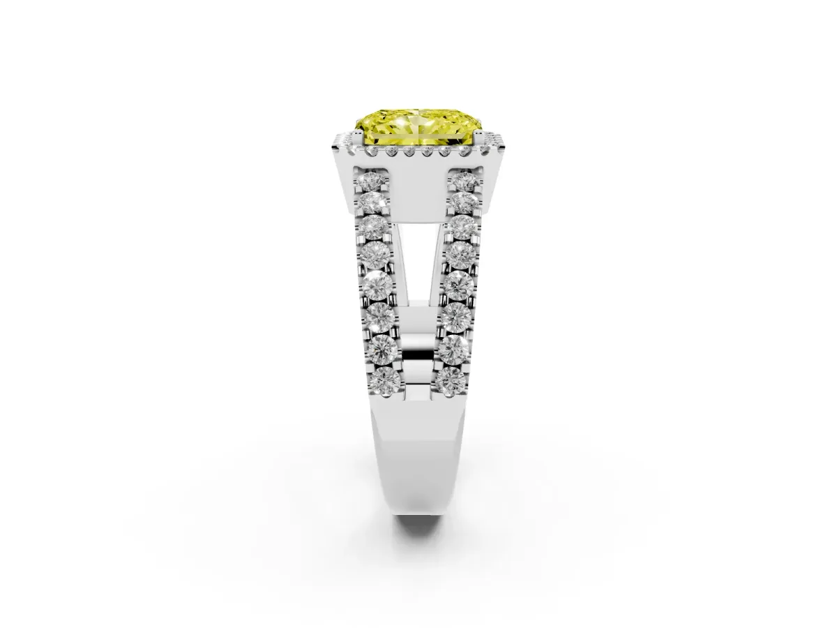 Fancy Yellow Radiant Cut Cut Halo Split Shank Diamond Ring with Four-Prong Setting Silver