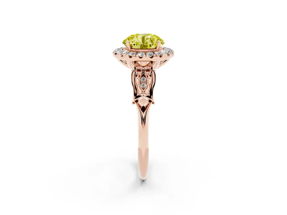 Fancy Yellow Round Cut Halo Diamond Engagement Ring with Filigree Band and Four-Prong Setting Rose gold