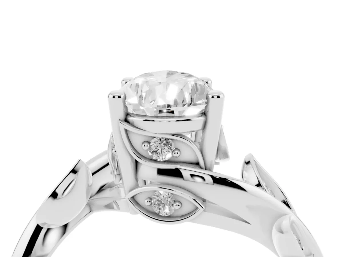 Pear Cut Solitaire Twist Engagement Ring with Leaf Accents and Prong Setting Silver