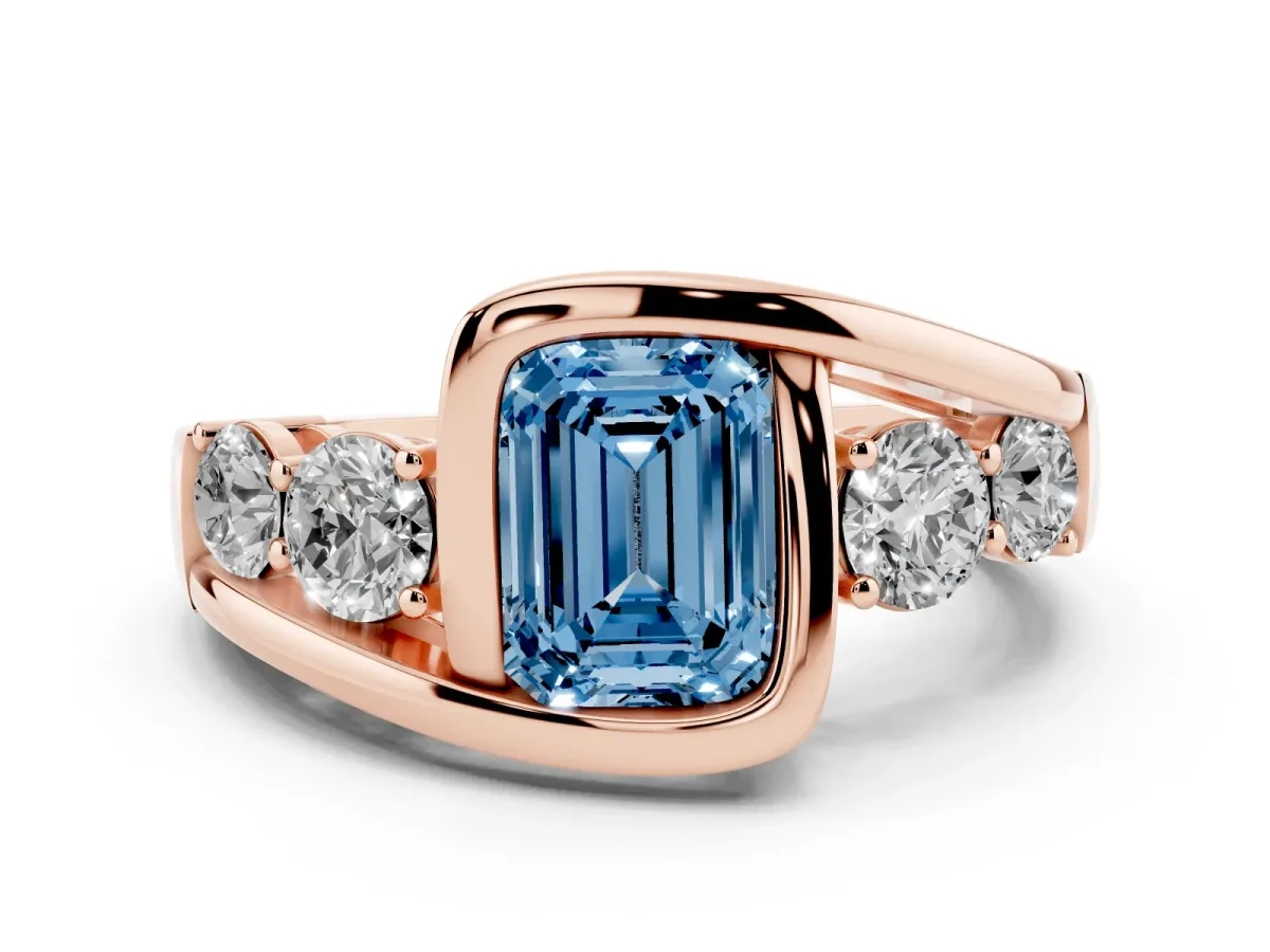 Fancy Blue Bezel Set Emerald Cut Diamond Bypass Ring with Round Accents Rose gold
