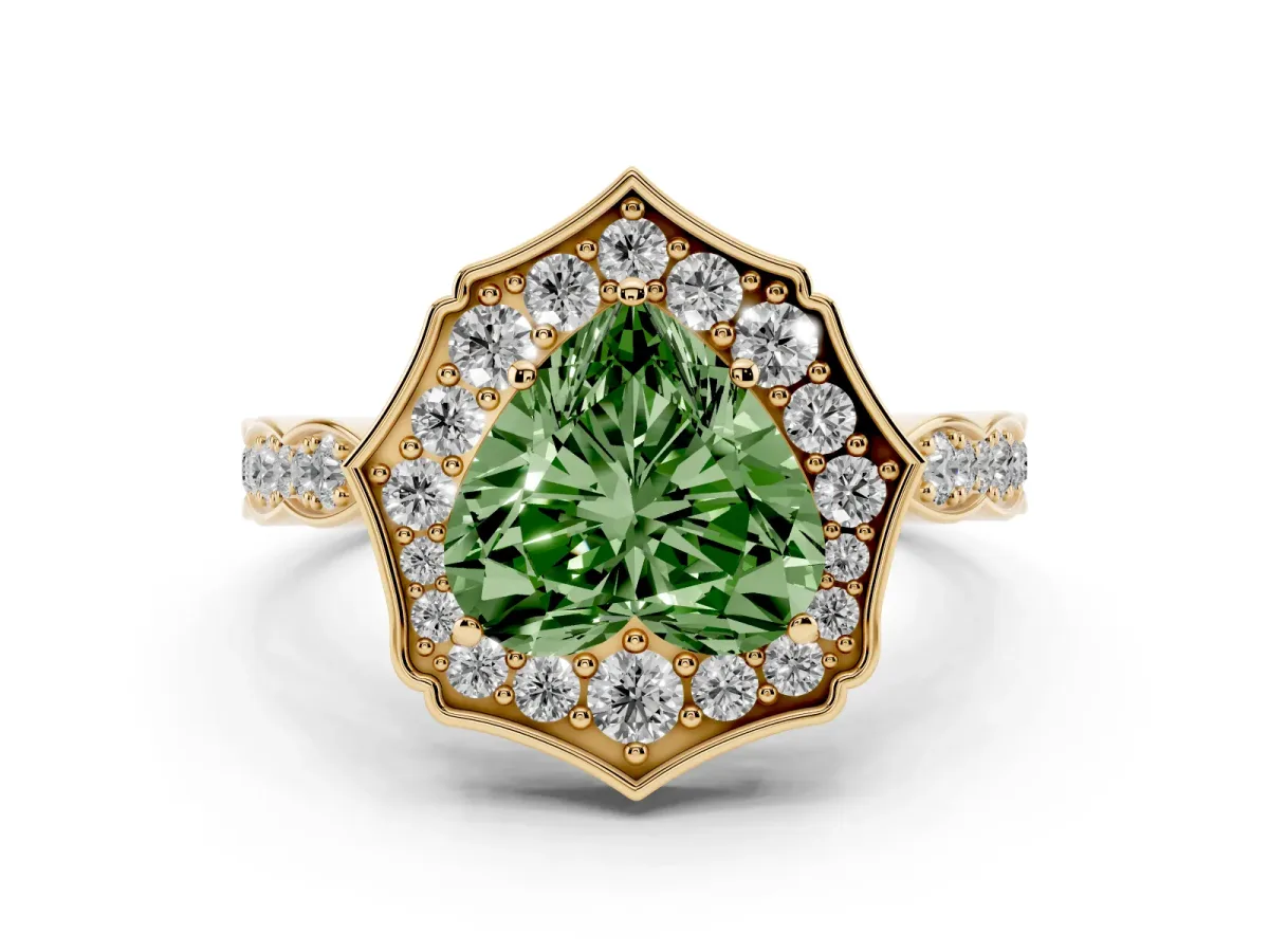 Fancy Green Heart Cut Halo Diamond Engagement Ring with Milgrain Band and Four-Prong Setting Yellow gold