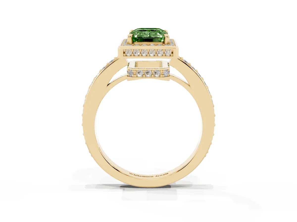 Fancy Green Emerald Cut Halo Pave Band Solitaire Ring with Prong Setting Yellow gold