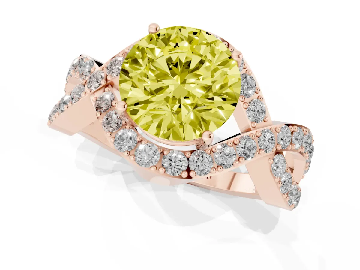 Fancy Yellow Round Cut Solitaire Twist Band Pavé Diamond Engagement Ring Rose gold