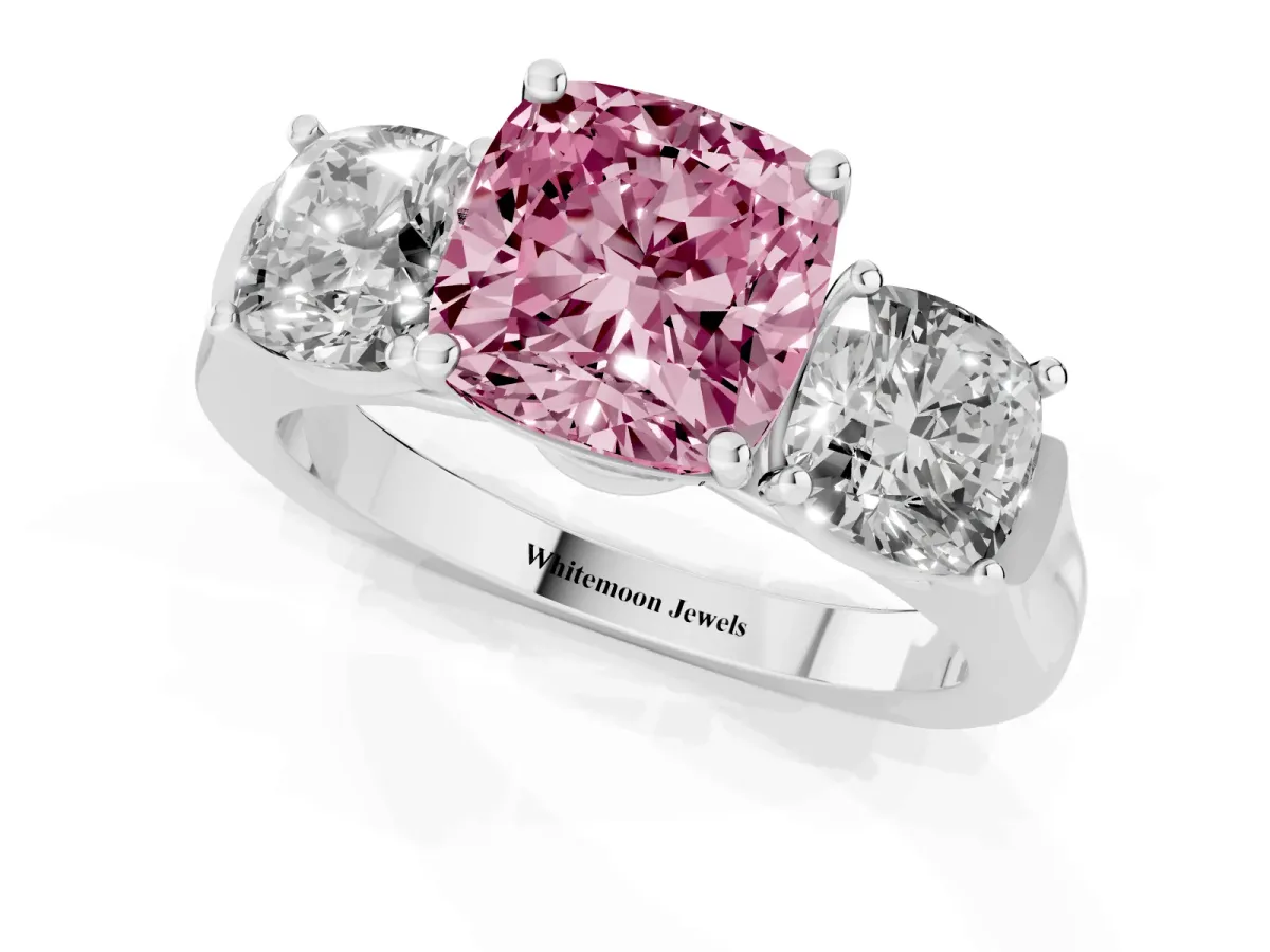 Fancy Pink Three-Stone Cushion Cut Brilliant Diamond Trellis Ring with Comfort Fit Band White gold