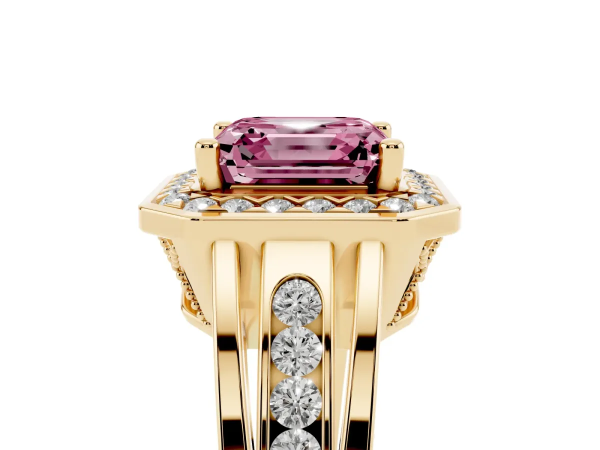 Fancy Pink Asscher Cut Diamond Halo Ring with Split Shank and Bezel Accents and Prong Setting Yellow gold