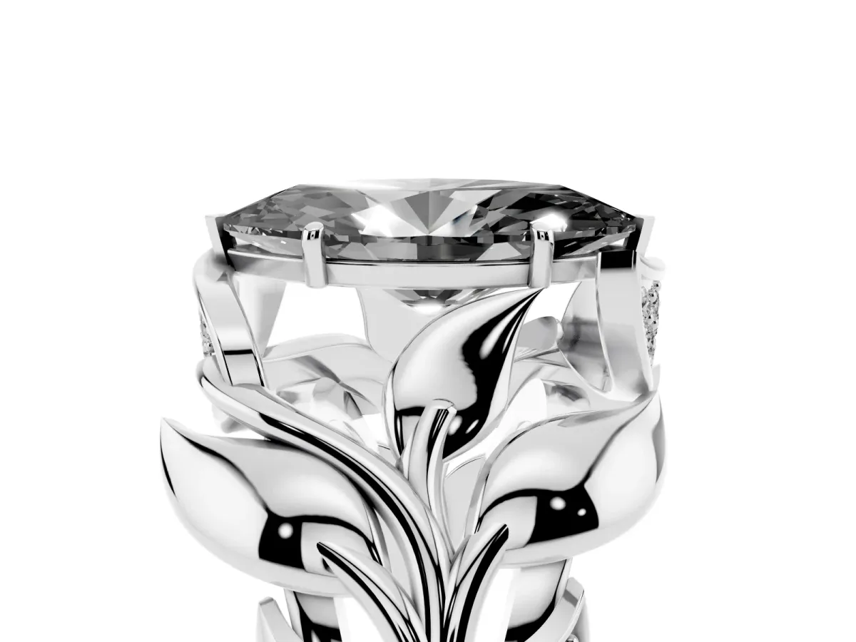 Fancy Black Marquise Cut Diamond Leaf-Inspired Engagement Ring with Round Accents and Prong Setting Silver