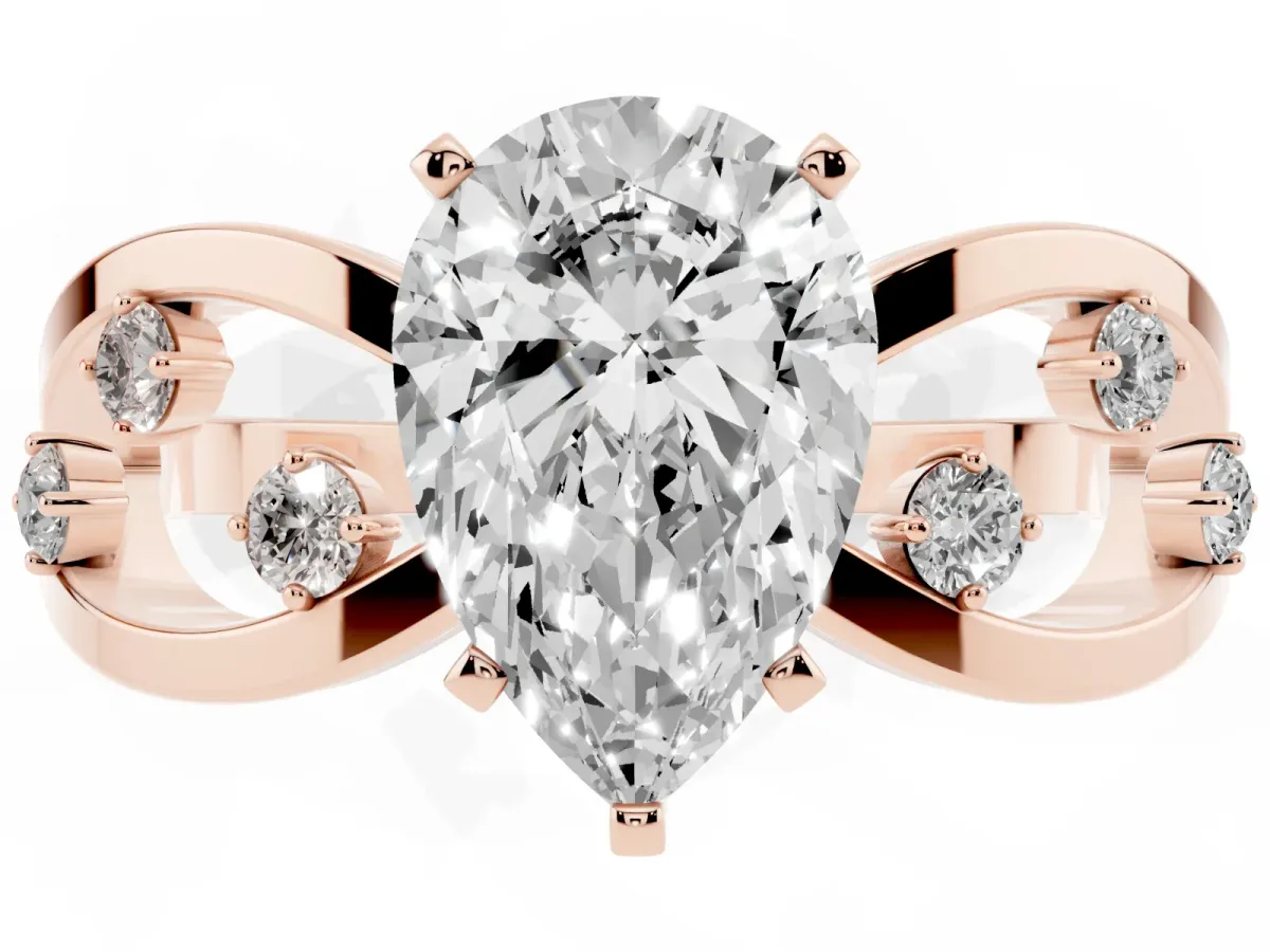 Pear Cut Cut Solitaire Diamond with Side Stones on Criss-Cross Band and Four-Prong Setting Rose gold