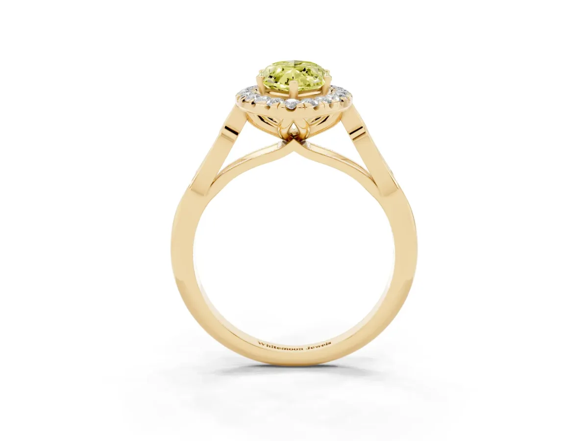 Fancy Yellow Marquise Cut Halo Diamond Engagement Ring with Filigree Band and Four-Prong Setting Yellow gold