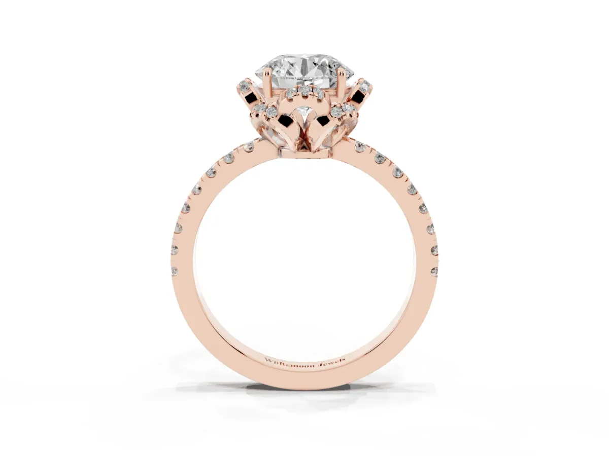 Round Cut Diamond Halo Pave Band with Four-Prong Setting Rose gold