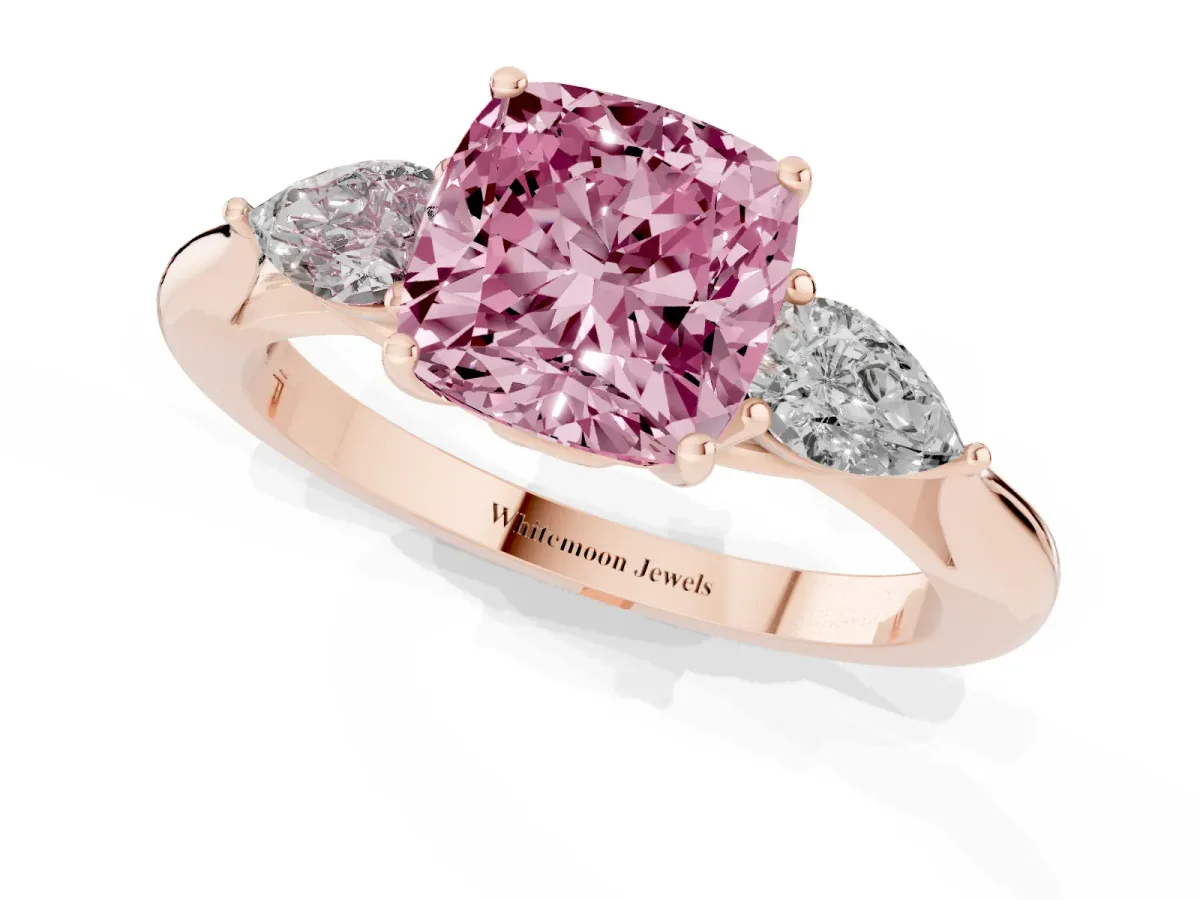 Fancy Pink Three-Stone Cushion Cut Brilliant Diamond Solitaire Ring with Tapered Band and Four-Prong Setting Rose gold