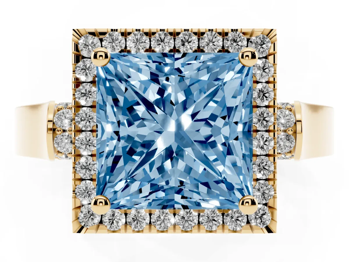 Fancy Blue Princess Cut Halo Round Diamond Twist Band with Four-Prong Setting Yellow gold