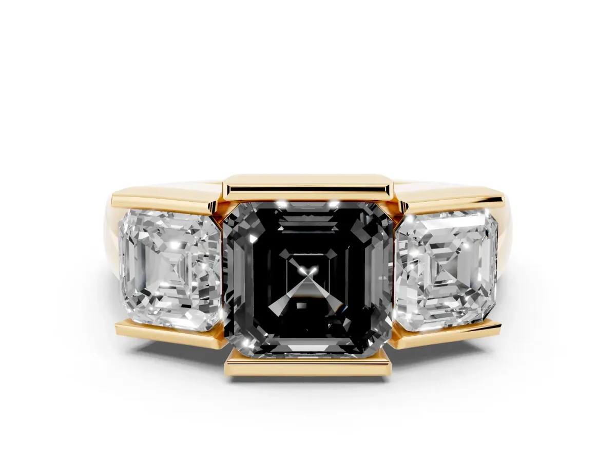 Fancy Black Three Stone Asscher Cut Cut Channel Set Diamond Ring Yellow gold