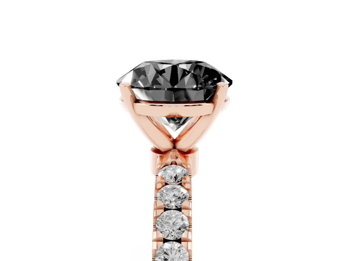 Fancy Black Round Cut Diamond Solitaire Ring with Pavé Accents and Four-Prong Setting Rose gold