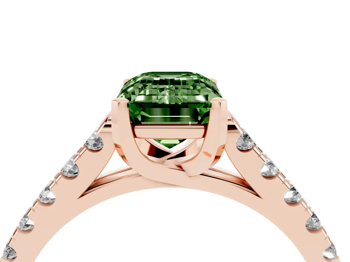 Fancy Green Emerald Cut Diamond Pavé Band Solitaire Ring with Prong Setting Rose gold