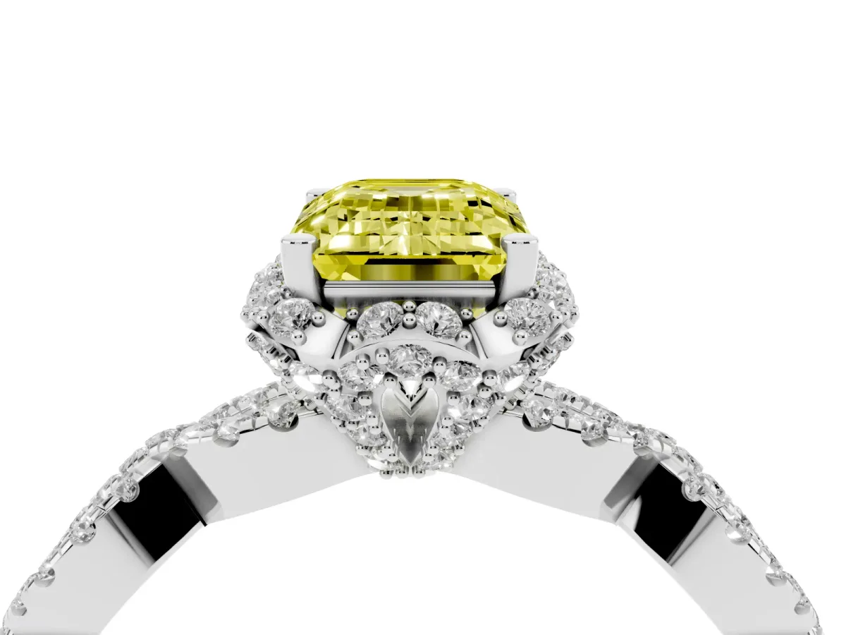 Fancy Yellow Emerald Cut Halo Twist Band Solitaire Ring with Six-Prong Setting Silver