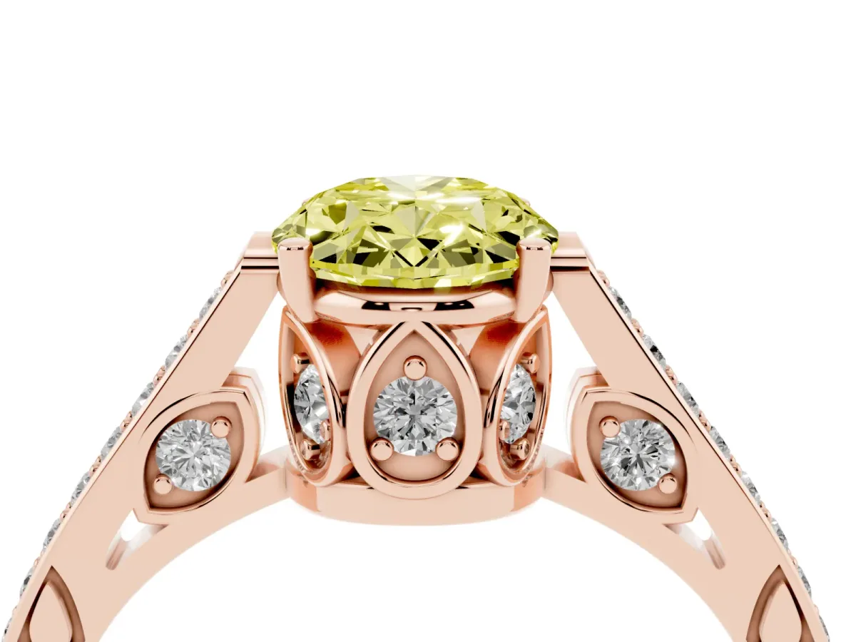 Fancy Yellow Oval Cut Cut Cathedral Pave Diamond Engagement Ring with Six-Prong Setting Rose gold