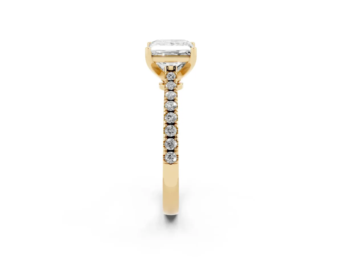 Princess Cut Cut Solitaire Diamond Engagement Ring with Pave Band and Four-Prong Setting Yellow gold