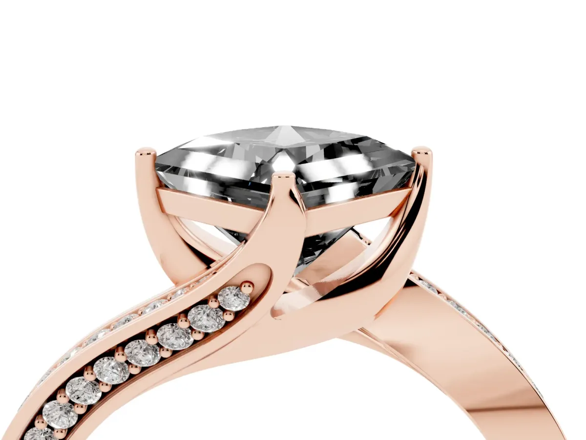 Fancy Black Princess Cut Solitaire Diamond Twist Band with Pavé Setting and Four-Prong Setting Rose gold