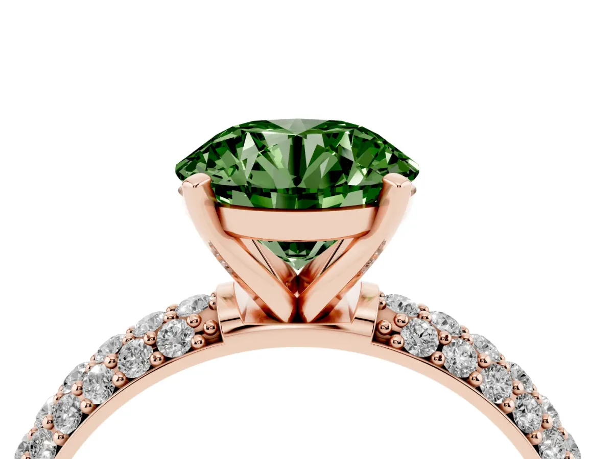 Fancy Green Round Cut Diamond Solitaire Ring with Prong Setting and Pavé Band Rose gold