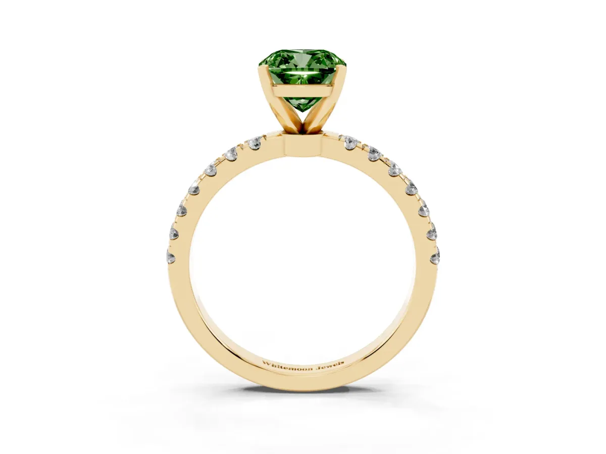 Fancy Green Cushion Cut Diamond Solitaire Ring with Pavé Accents and Four-Prong Setting Yellow gold