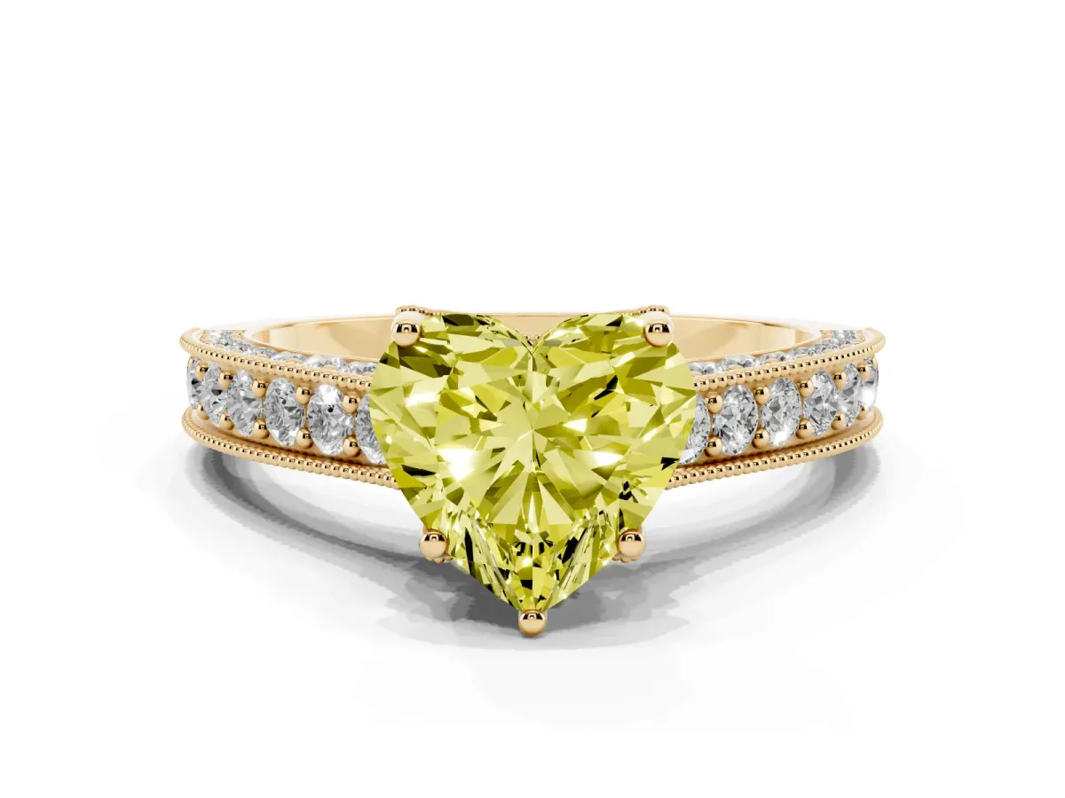 Fancy Yellow Heart Cut Cut Diamond Solitaire Ring with Milgrain Pave Band and Four Prong Setting Yellow gold