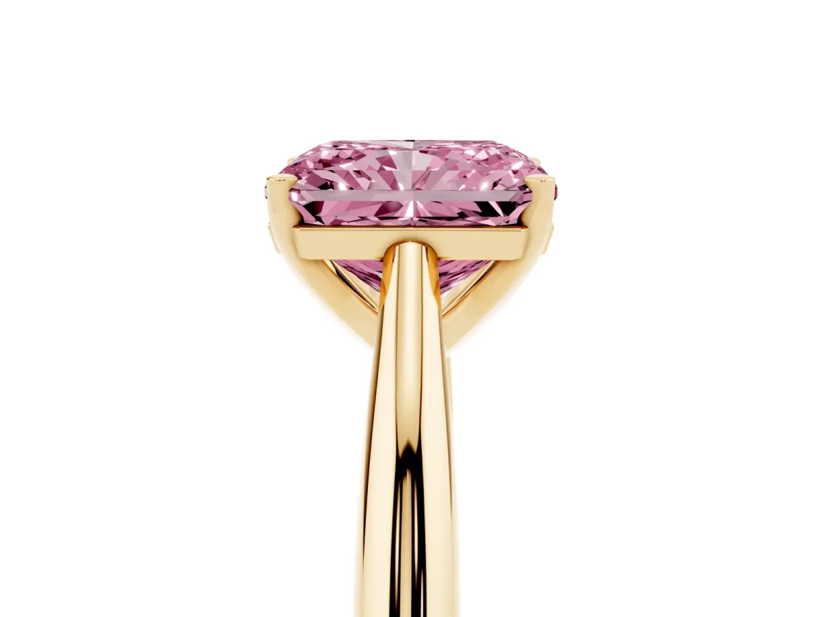 Fancy Pink Radiant Cut Diamond Solitaire Engagement Ring with Cathedral Setting and Four-Prong Mount Yellow gold