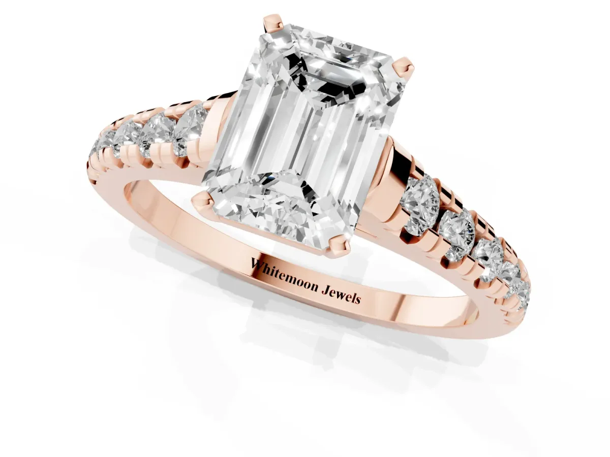 Emerald Cut Diamond Cathedral Solitaire Ring with Round Pavé Band Rose gold