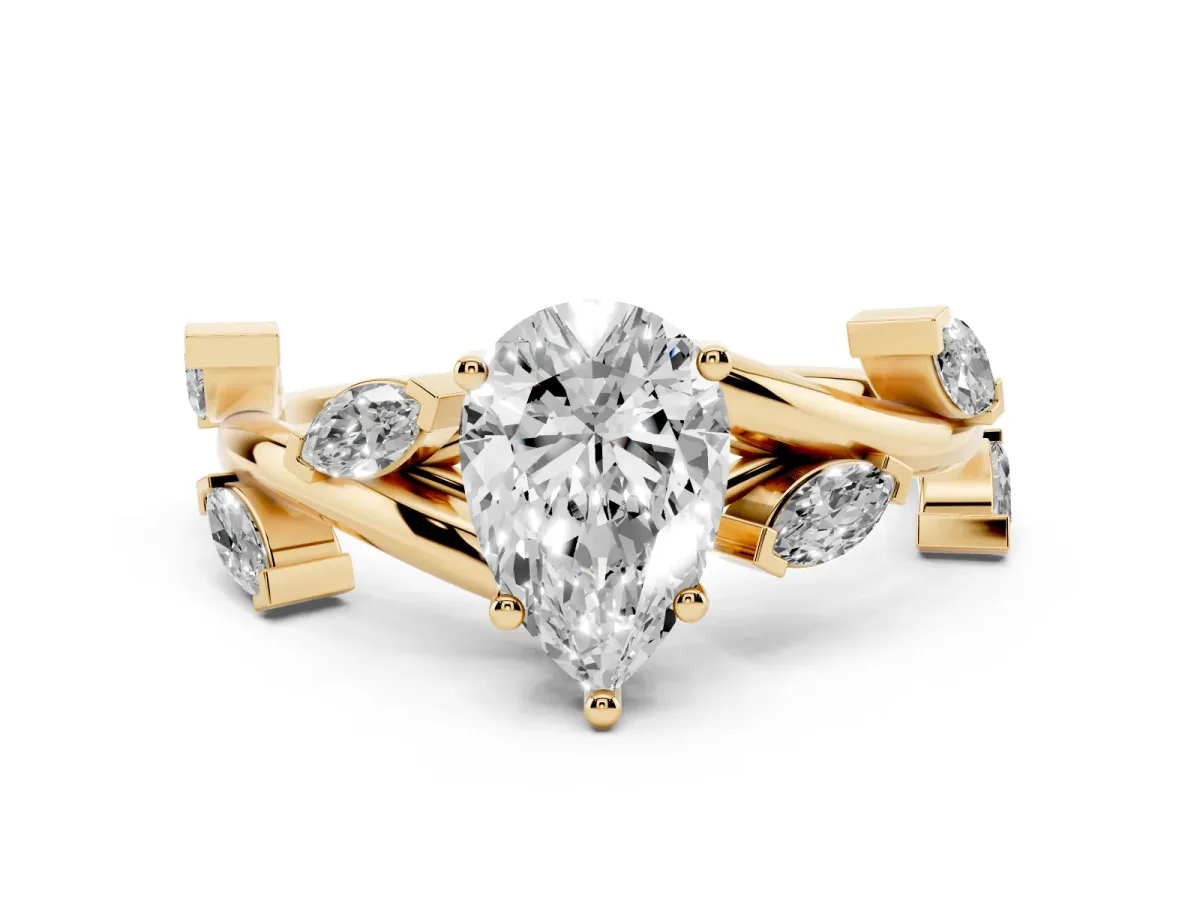 Pear Cut Solitaire Twisted Band Marquise Accent Prong Setting Ring Yellow gold