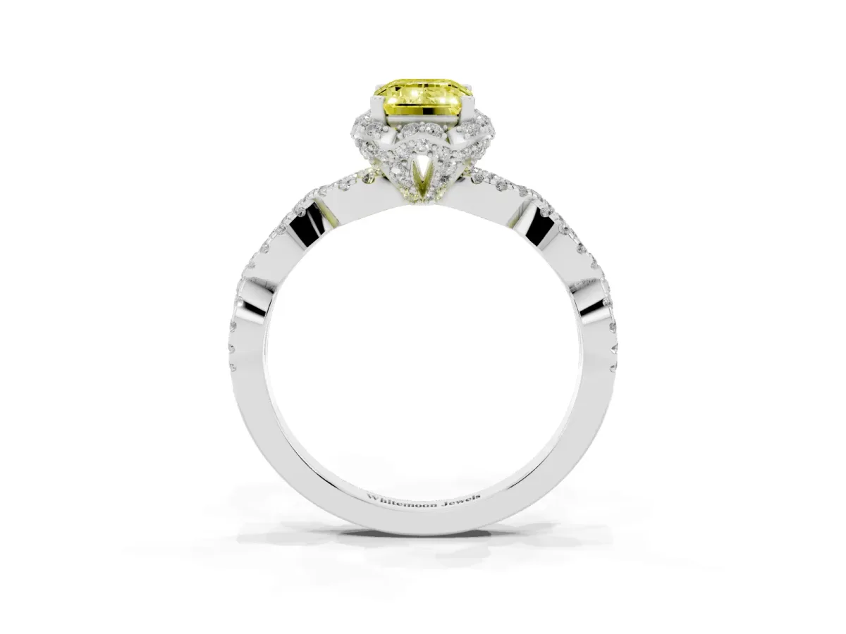 Fancy Yellow Emerald Cut Halo Twist Band Solitaire Ring with Six-Prong Setting Silver