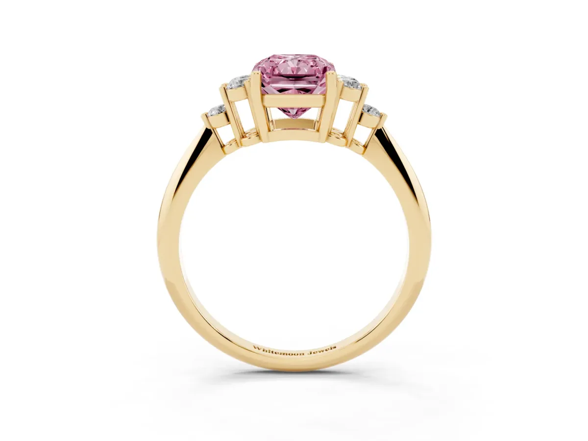 Fancy Pink Radiant Cut Cut Diamond Cluster Ring with Solitaire Band and Four-Prong Setting Yellow gold