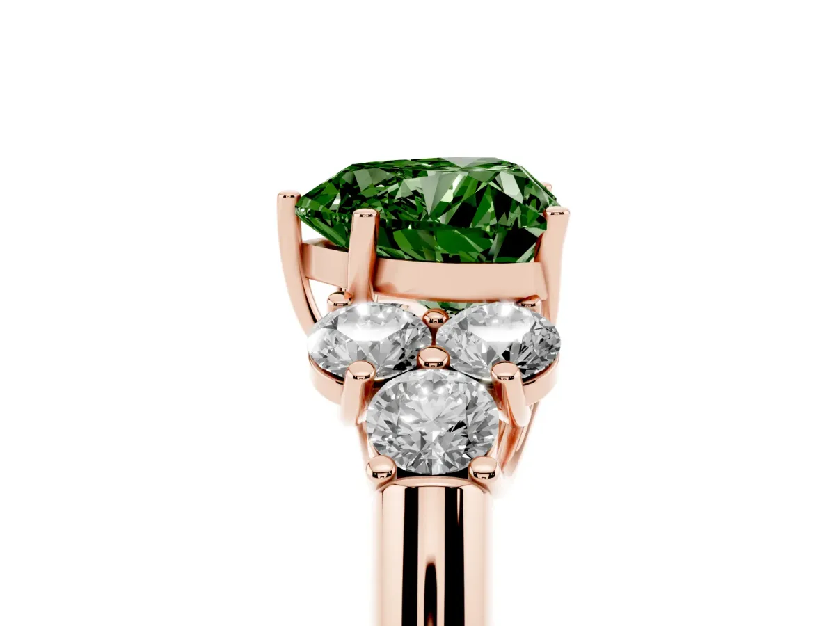 Fancy Green Heart Cut Cut Diamond Cluster Ring with Round Accent Stones and Prong Setting on a Classic Band Rose gold