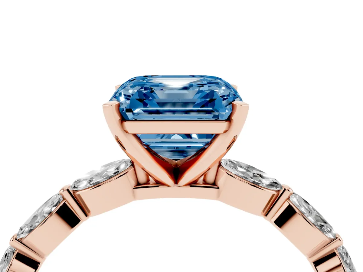 Fancy Blue Asscher Cut Diamond Ring with Marquise Side Stones and Prong Setting Rose gold