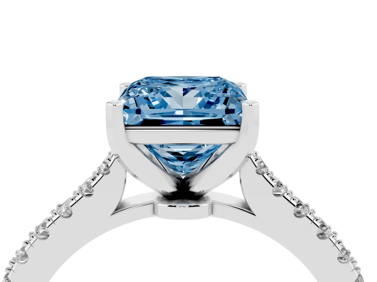 Fancy Blue Princess Cut Cut Solitaire Diamond Engagement Ring with Pave Band and Four-Prong Setting White gold