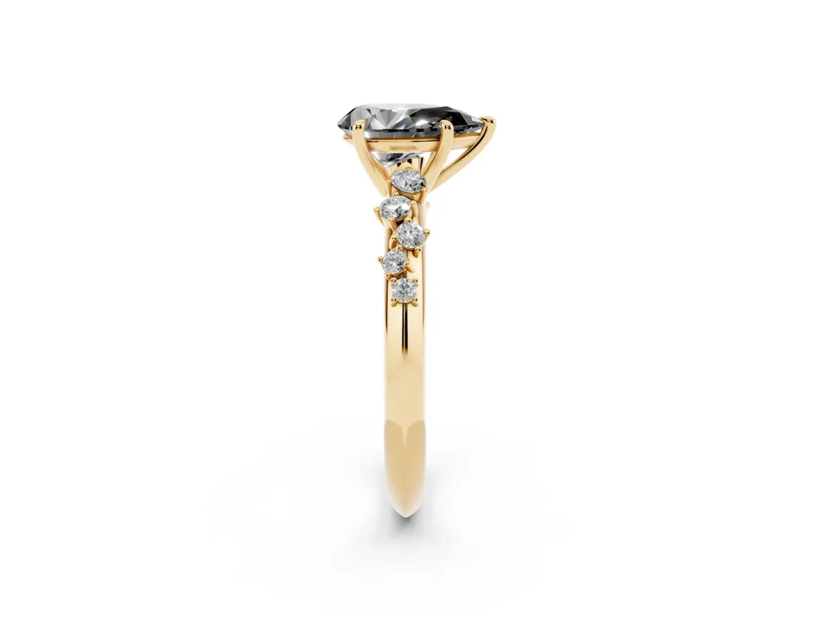 Fancy Black Pear Cut Diamond Cluster Side Stone Solitaire Ring with Prong Setting Yellow gold
