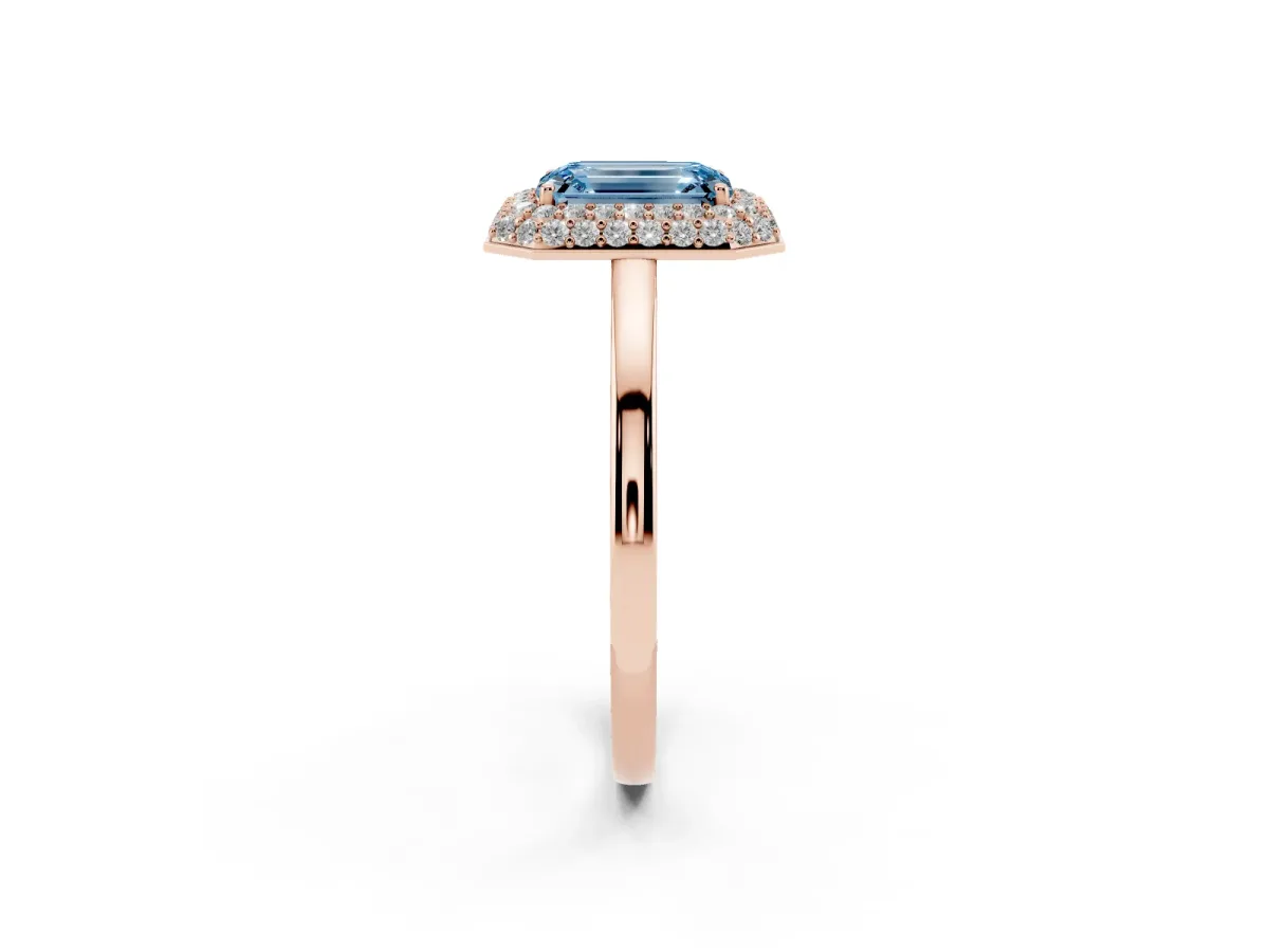 Fancy Blue Emerald Cut Halo Diamond Engagement Ring with Solitaire Band and Four-Prong Setting Rose gold