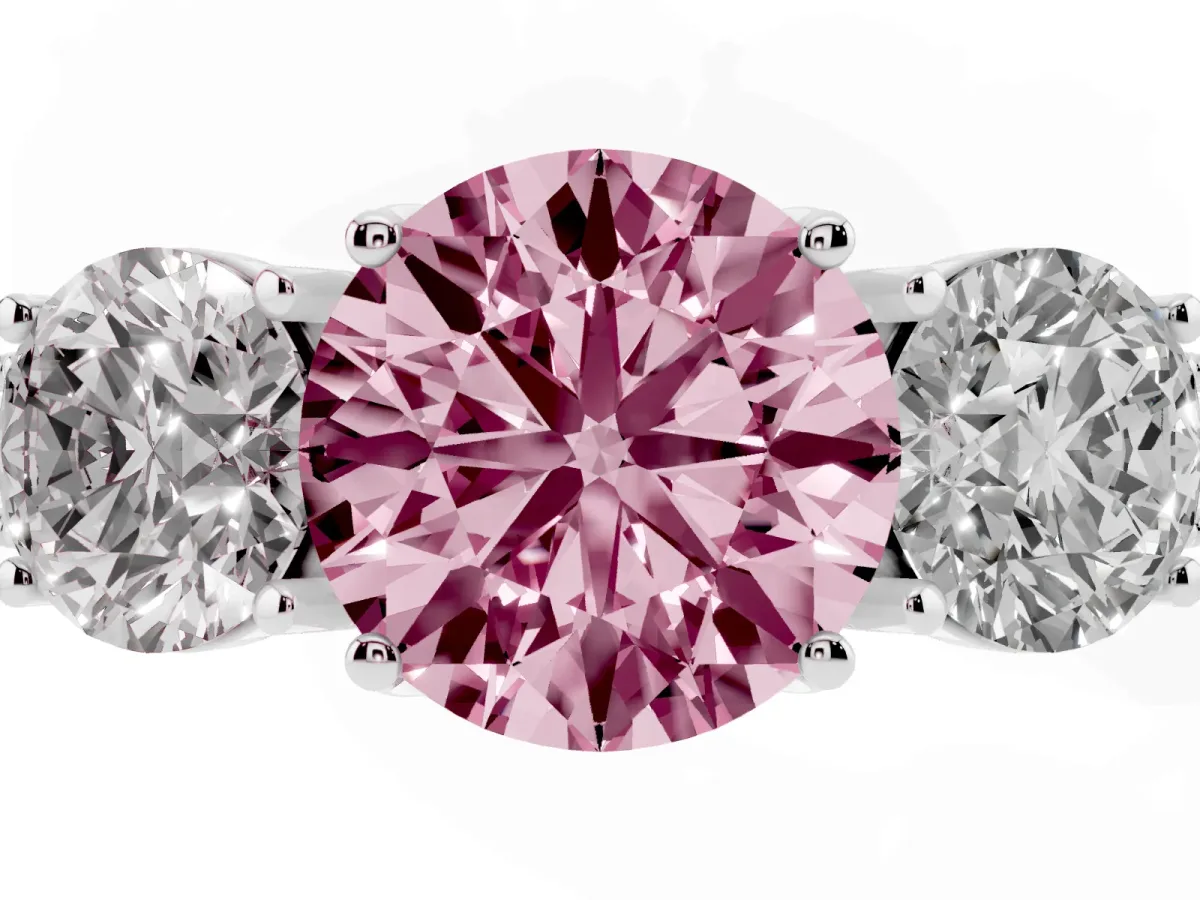 Fancy Pink Three-Stone Round Cut Cut Milgrain Pavé Engagement Ring Silver