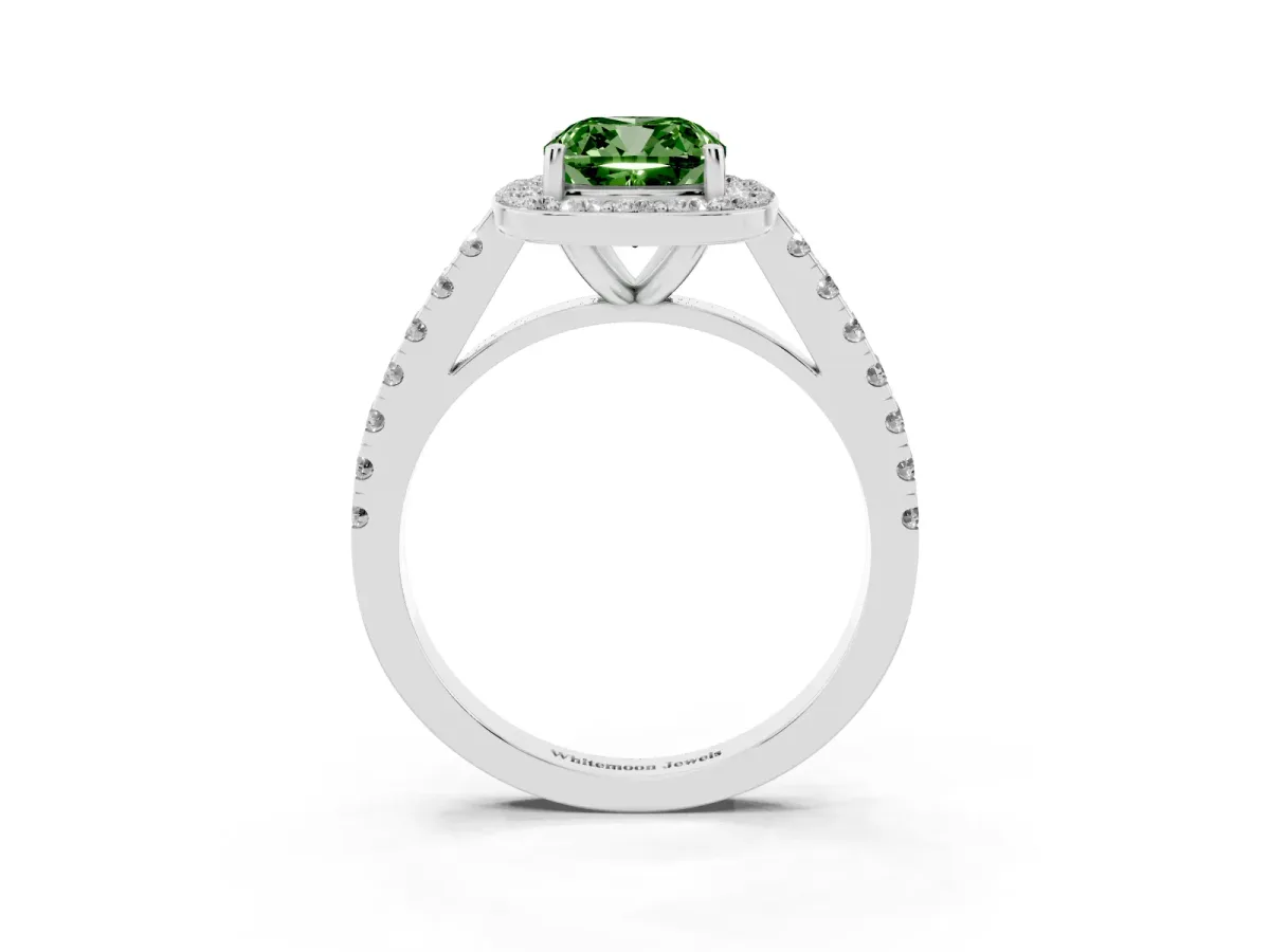 Fancy Green Cushion Cut Diamond Halo Ring with Round Pavé Split Shank and Prong Setting Silver