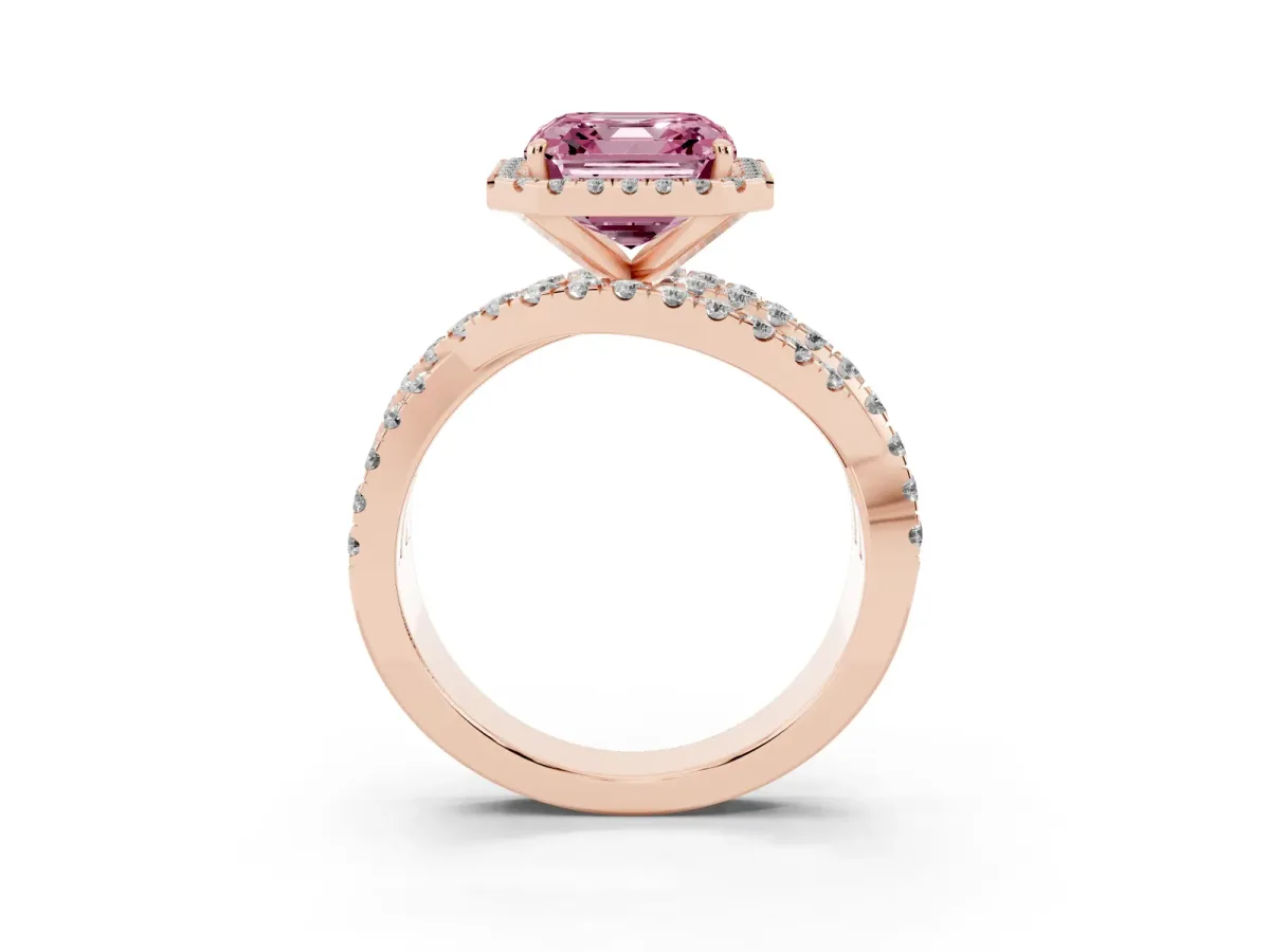 Fancy Pink Asscher Cut Diamond Halo Ring with Round Split Shank and Prong Setting Rose gold