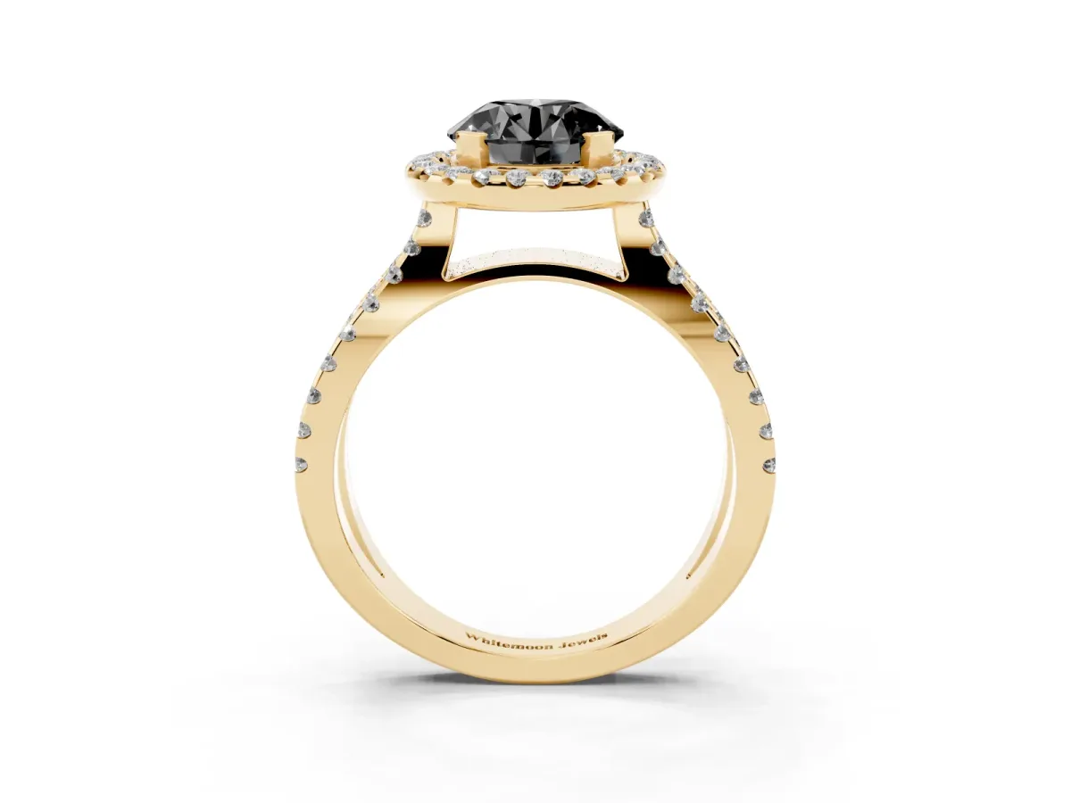 Fancy Black Round Cut Diamond Halo Ring with Split Shank Pavé Band and Prong Setting Yellow gold