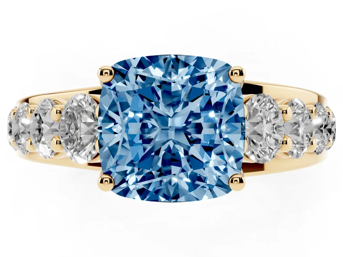 Fancy Blue Cushion Cut Diamond Engagement Ring with Pavé Band and Four-Prong Setting Yellow gold