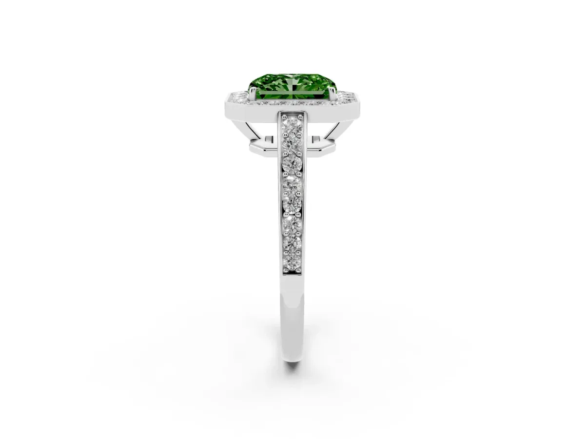Fancy Green Radiant Cut Halo Pavé Diamond Engagement Ring with Bezel Setting White gold