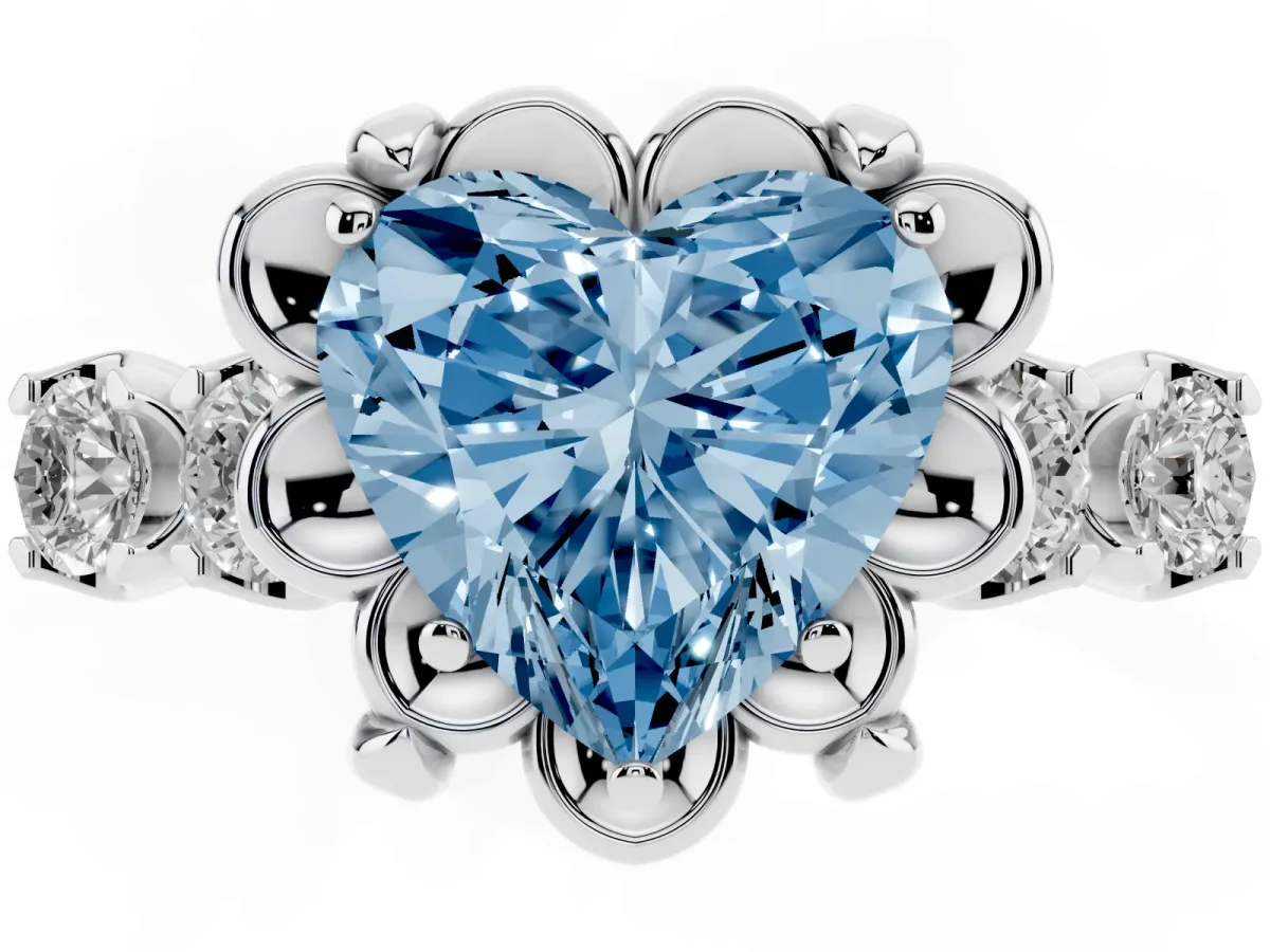 Fancy Blue Heart Cut Cut Diamond Floral Halo Engagement Ring with Shared Prong Setting Silver